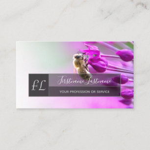 Pink blossom with bee grey rectangle monogram business card