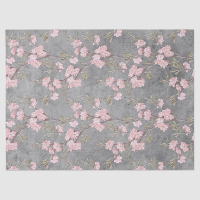 Pink Blossoms and Branches on Grey Decoupage Tissue Paper (Front)
