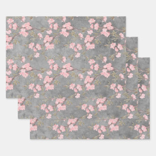 Pink Blossoms and Branches on Grey Wrapping Paper Sheet