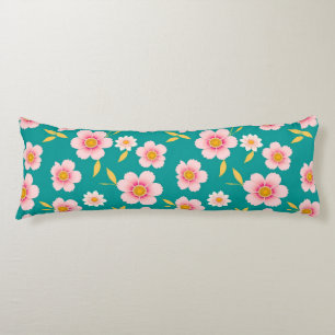 Pink Blossoms and Leaves on Teal Background Body Cushion