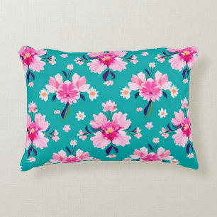 Pink Blossoms and Leaves on Teal Background Decorative Cushion