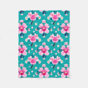 Pink Blossoms and Leaves on Teal Background Fleece Blanket