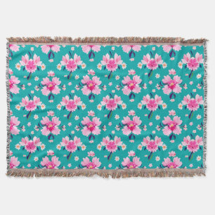 Pink Blossoms and Leaves on Teal Background Throw Blanket