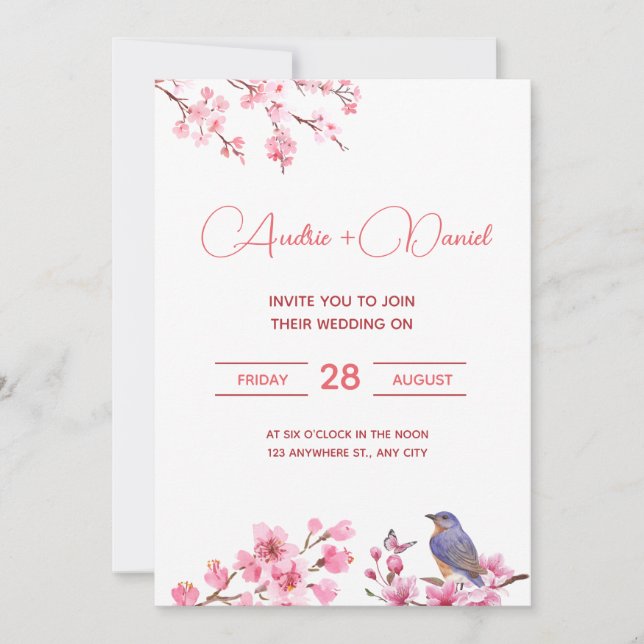 Pink Blossoms Flower Watercolor feminine Wedding Invitation (Front)