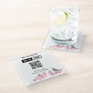 Pink Blossoms Flower Wedding Guest Wifi Glass Coaster
