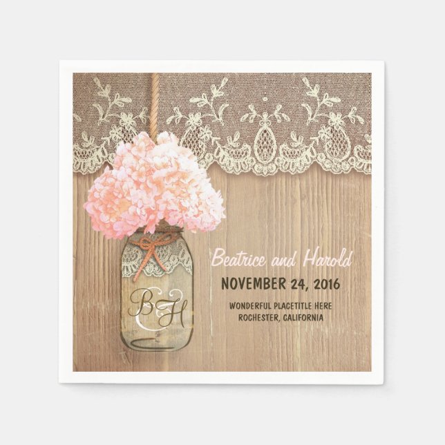 pink blossoms mason jar rustic paper napkins (Front)