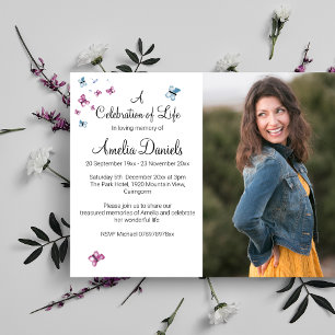 Pink Blu Butterfly Photo In Loving Memory Card