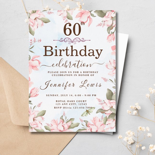 Pink Blue 60 Fabulous Floral Birthday Party Invitation (Creator Uploaded)