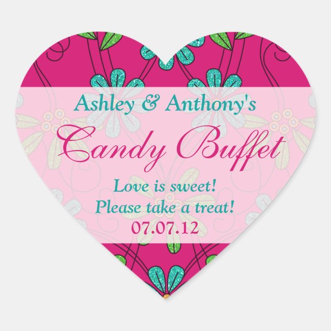 Pink Blue Abstract Daisy Floral Heart Candy Buffet Sticker (Front)