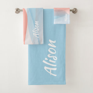 Pink blue abstract name bath towel set