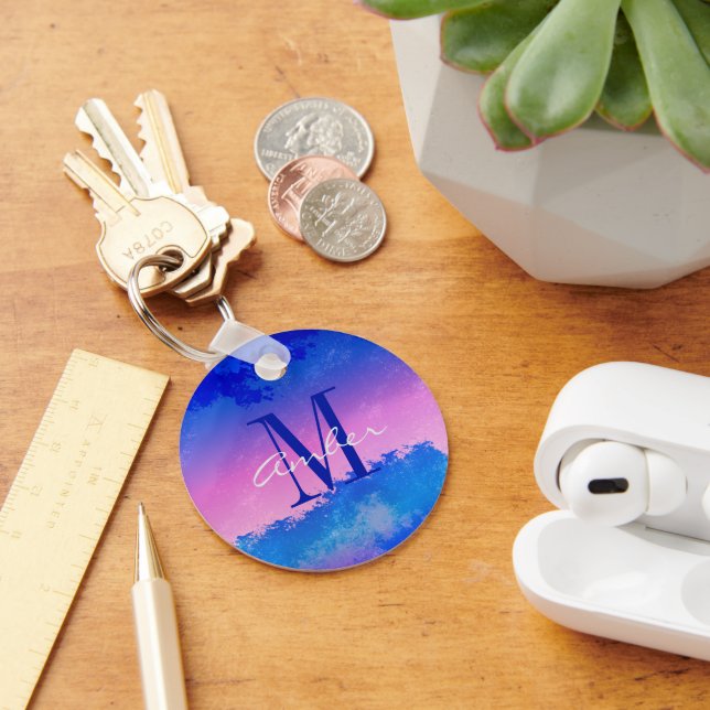 Pink Blue Abstract Sunset Ocean Personalised Key Ring (Desk)
