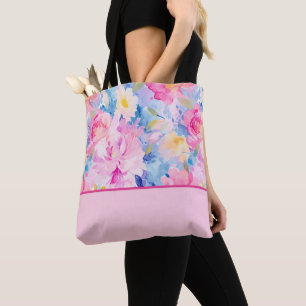Pink Blue Abstract Watercolor Flowers Colour Block Tote Bag
