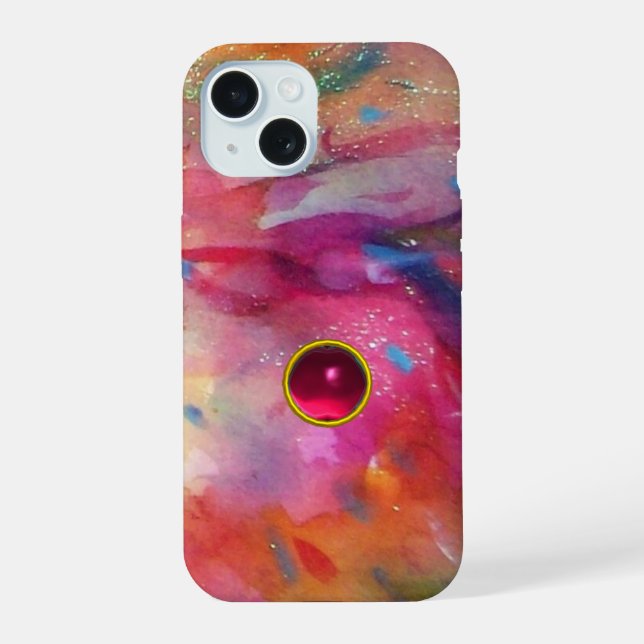 PINK BLUE ABSTRACT WITH 3D RED RUBY GEMSTONE iPhone 15 CASE (Back)