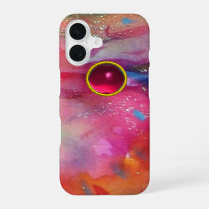 PINK BLUE ABSTRACT WITH 3D RED RUBY GEMSTONE iPhone 16 CASE