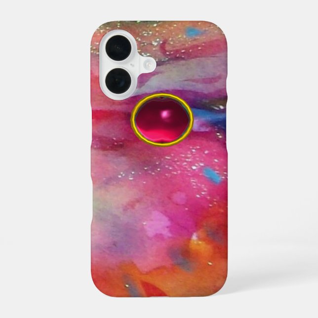 PINK BLUE ABSTRACT WITH 3D RED RUBY GEMSTONE iPhone 16 CASE (Back)
