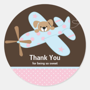 Pink & Blue Aeroplane Thank You Baby Shower Sticke Classic Round Sticker