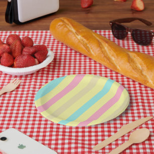 Pink, blue and brown stripes on yellow paper plate