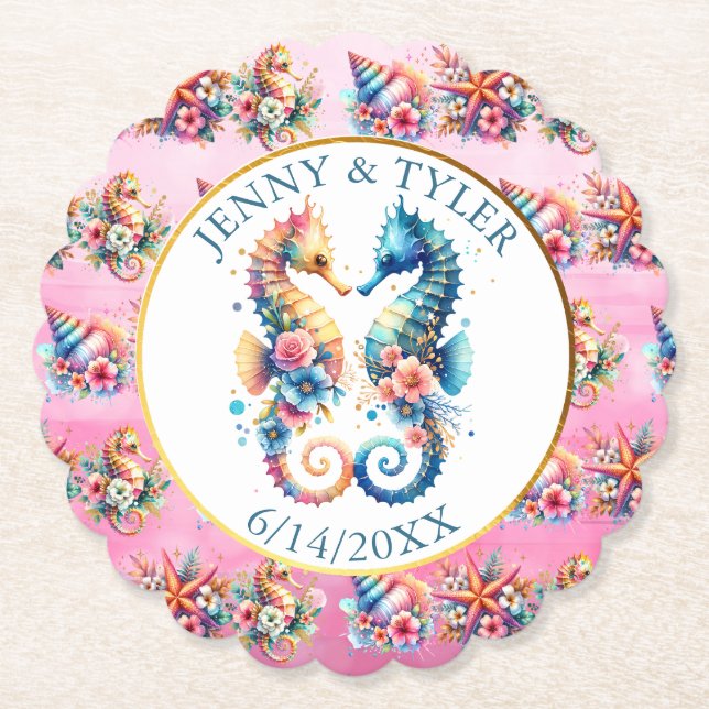 Pink, Blue and Gold Coastal Sand Dollar Beachy Paper Coaster (Front)