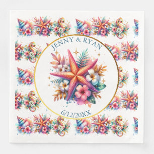 Pink, Blue and Gold Coastal Sea Shells Beachy Napkin