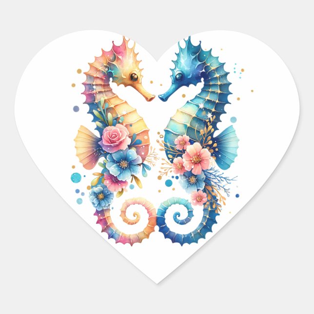 Pink, Blue and Gold Coastal Seahorse Beachy Heart Sticker (Front)
