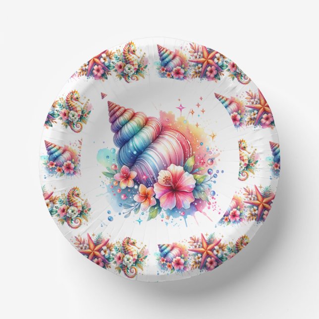 Pink, Blue and Gold Coastal Seahorse Beachy Paper Plate (Front)