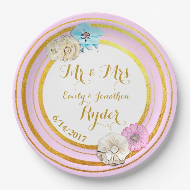 Pink, Blue  and Gold Floral Wedding Paper Plates (Front)