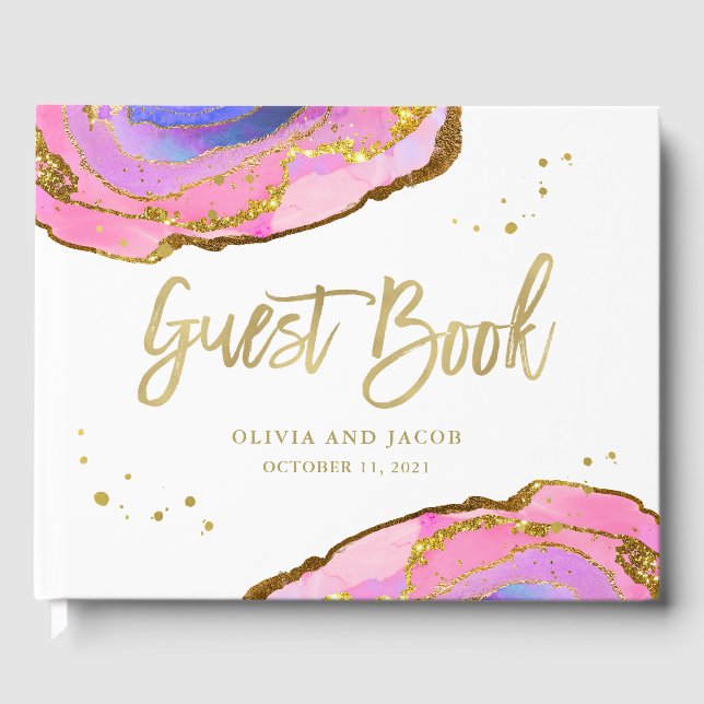 Pink Blue and Gold Geode | Wedding Guest Book (Front)