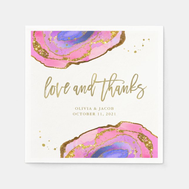 Pink Blue and Gold Geode Wedding Love and Thanks Napkin (Front)