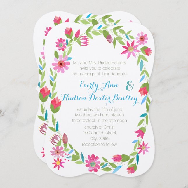 Pink Blue and Green Wreath Forest Wedding Invite (Front/Back)