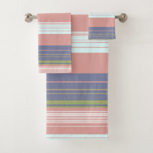 Pink, blue and olive vertical stripes. bath towel 