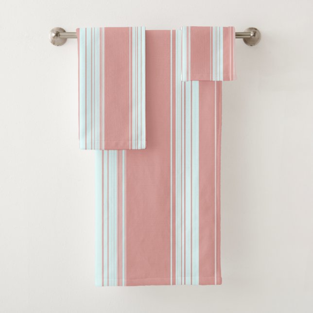Pink, blue and olive vertical stripes. bath towel set (Insitu)