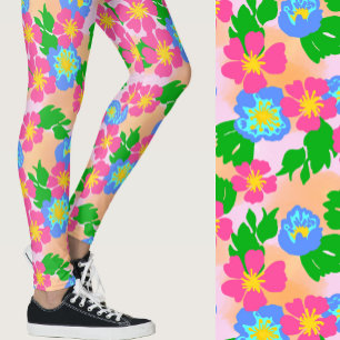 Pink Blue and Orange Tropical Flowers Patterned Leggings