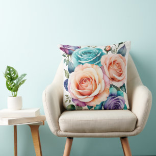 Pink, blue and purple roses cushion