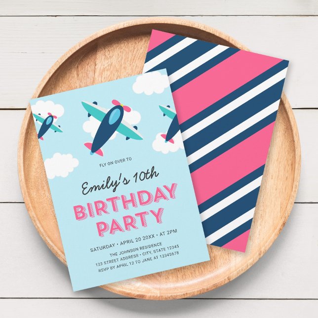 Pink, Blue and Teal Aeroplane Birthday Party Invitation (Creator Uploaded)