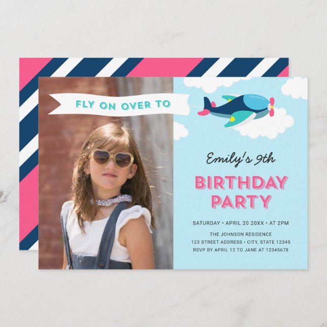 Pink, Blue and Teal Aeroplane Photo Birthday Party Invitation (Front/Back)