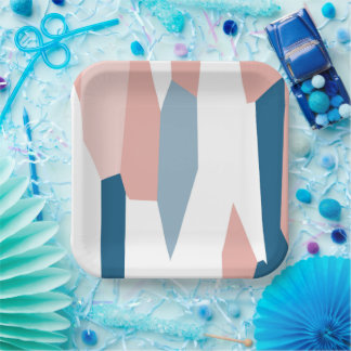 Pink Blue and White Abstract Paper Plate