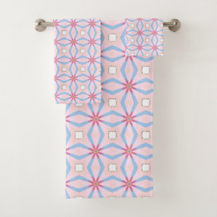 Pink, blue and white geometric patterned bath towel set