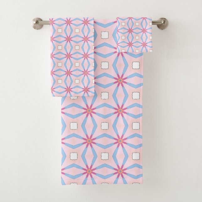 Pink, blue and white geometric patterned  bath towel set (Insitu)