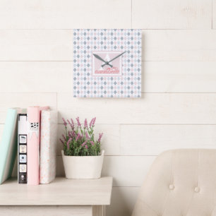 Pink, Blue and White Personalised Square Wall Clock