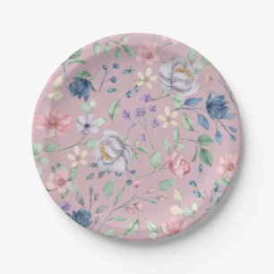 Pink Blue and Yellow Floral Purple Paper Plate