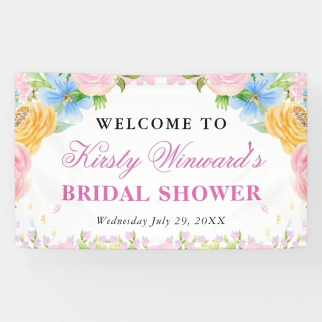 Pink, Blue and Yellow Summer Flowers Bridal Shower Banner (Horizontal)