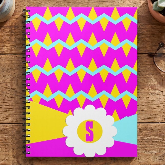Pink Blue And Yellow Zigzag With Large Flower Notebook (Colorful pink yellow zigzag notebook. White flower & S initial that you can customize. Cute & girly.)