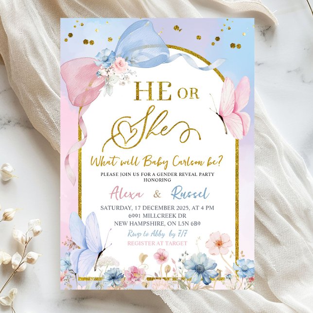 Pink Blue Arch Coquette Butterfly Gender Reveal Invitation (Creator Uploaded)