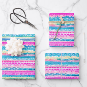 Pink & Blue Aztec Indian Pattern Wrapping Paper Sheet