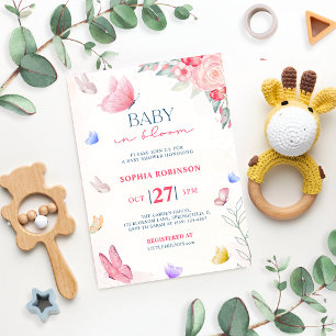 Pink Blue Baby in Bloom Butterflies Wildflower Invitation