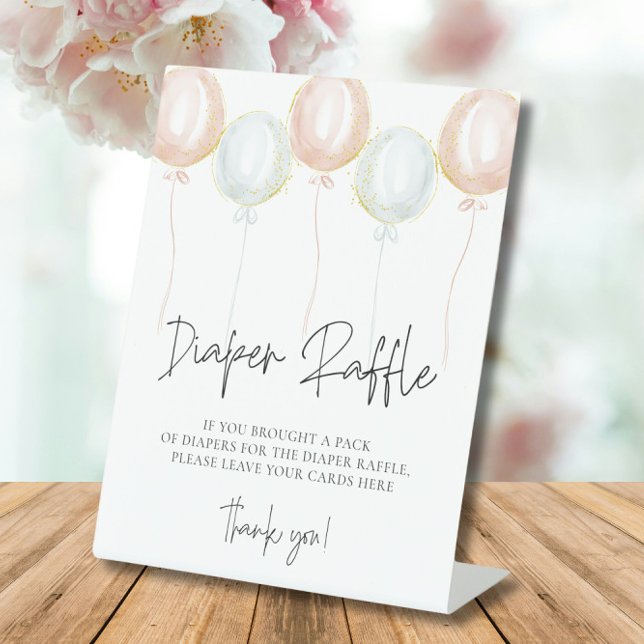 Pink & Blue Balloon Gender Reveal Diaper Raffle Pedestal Sign (Creator Uploaded)