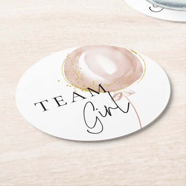 Pink & Blue Balloon Gender Reveal Team Girl Round Paper Coaster (Angled)