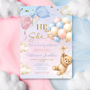 Pink & Blue Balloon He Or She Bear Gender Reveal Invitation