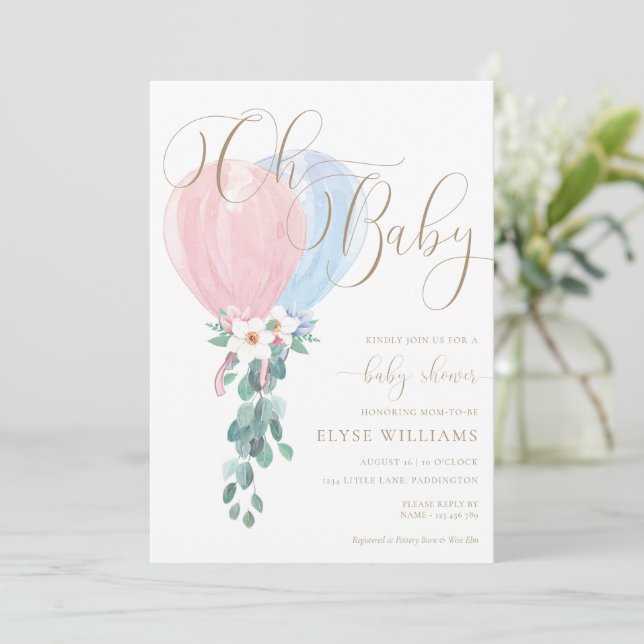 Pink Blue Balloon Oh Baby Baby Shower Invitation (Standing Front)