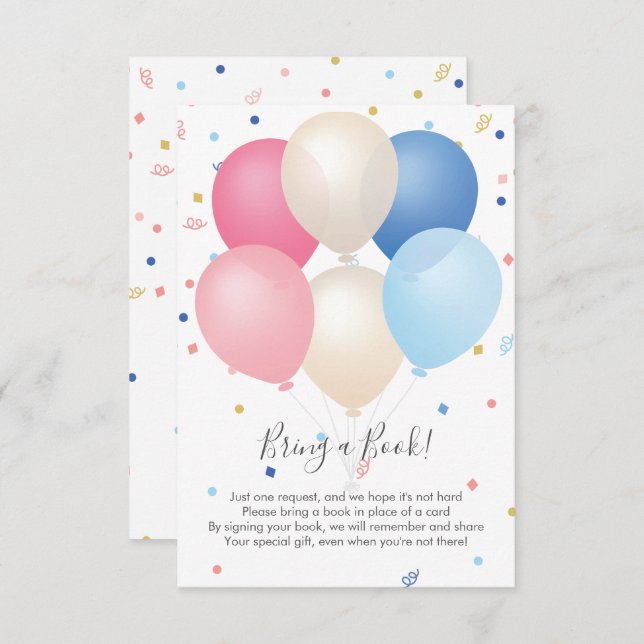 Pink Blue Balloons & Confetti Bring a Book Enclosure Card (Front/Back)
